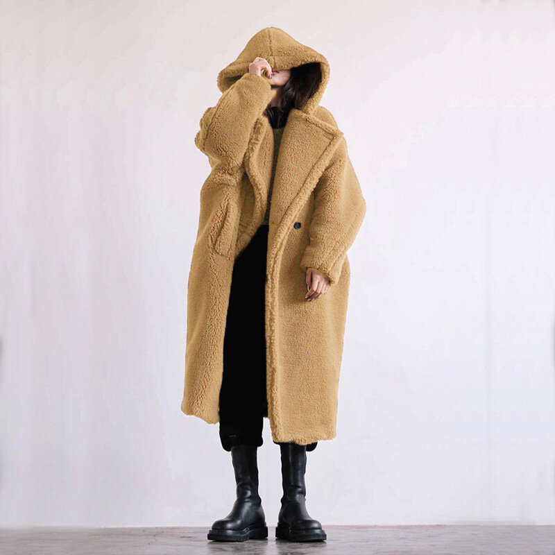 Casaco de pele sintética com capuz feminino, casaco longo de pele de cordeiro, casaco grande de lapela grosso e quente, outwear feminino alta qualidade, tamanho grande, inverno
