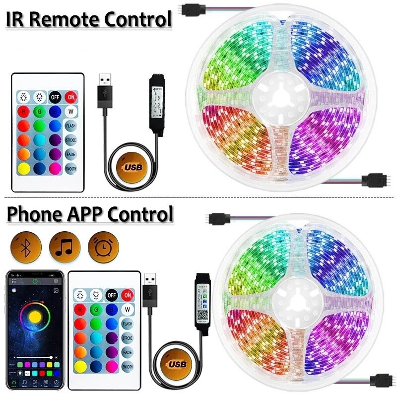 RGB LED Strip Light com controle remoto para decoração de casa, USB, Bluetooth, fita de lâmpada flexível, luz de fundo, TV, festa, 1-30m, 5050, 15 LEDs