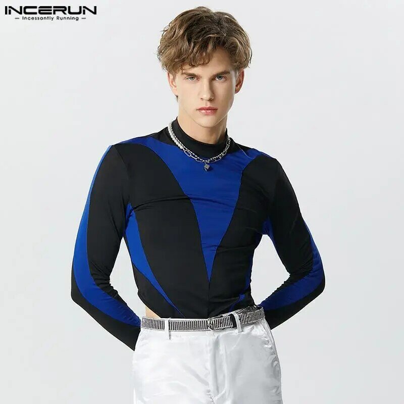 INCERUN baju terusan lengan panjang, jumpsuit pria seksi, bodysuit desain perca biru & hitam, S-5XL gaya tampan 2023