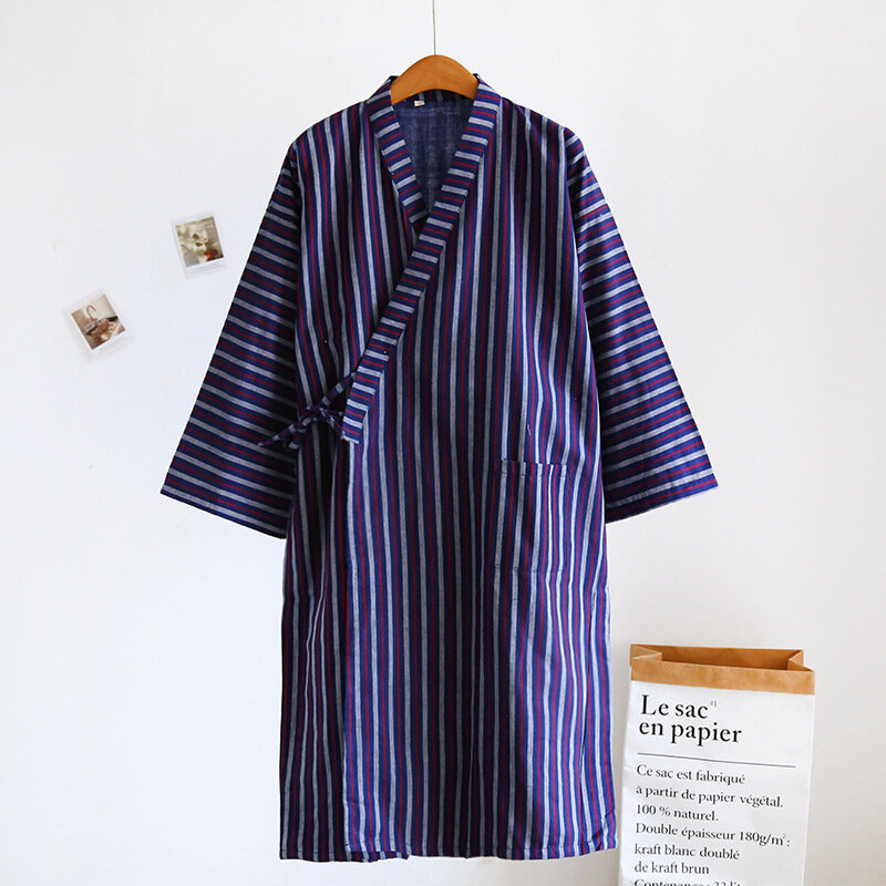 Japanese Men's Striped Print Kimono Robe Pajamas Men's Cotton Gauze Cotton Robe Yukata Bathrobe