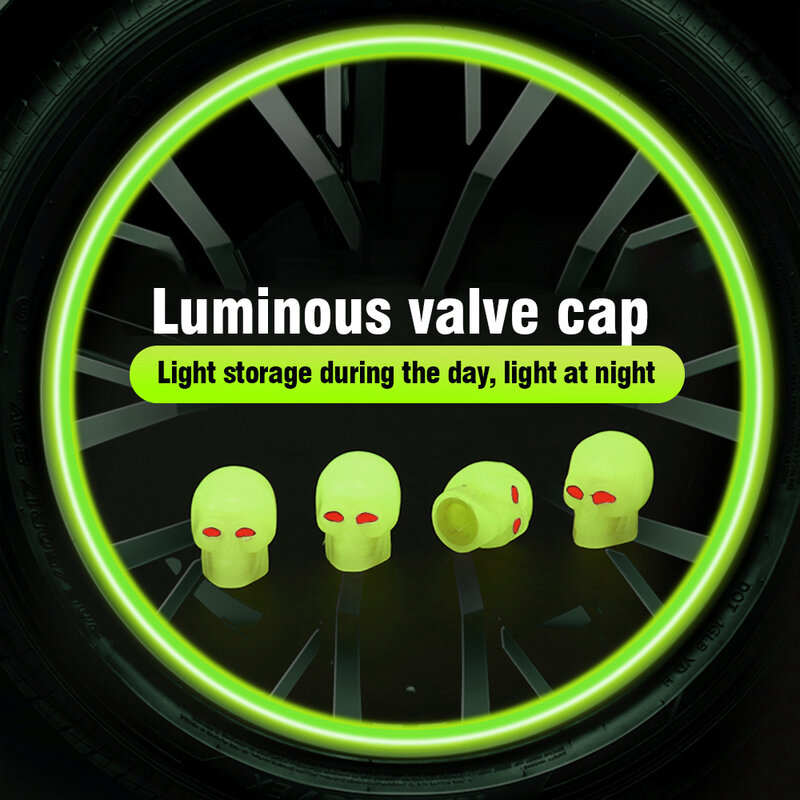 Zawór opony w kształcie czaszki, 4 sztuki, fluorescencyjny zielony zawór opony w samochodzie, uniwersalny zawór ochronny przed kurzem
