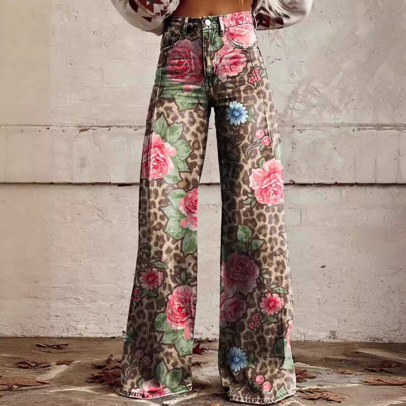Retro Printed Loose Striped Women's Wide Leg Pants 2024 Summer Fashionable High Waisted Button Long Pants Casual Tie Dyed Jeans