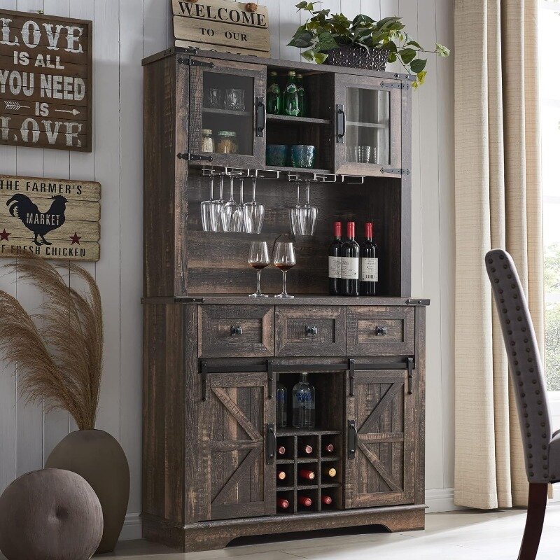 OKD Farmhouse Bar Cabinet with Sliding Barn Door, 72" Rustic Buffet with Hutch with Wine and Glasses Rack,  Storage Shelves