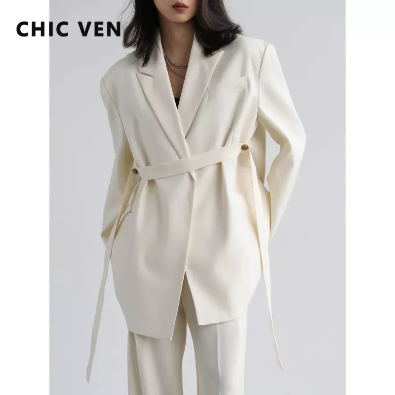 VEN – Blazer CHIC avec épaules larges pour femme, manteau mi-long avec ruban, couleur unie, grande taille, pour le bureau, collection printemps-automne 2022