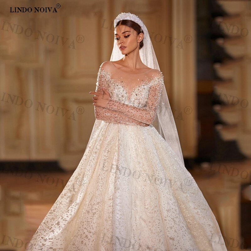 Lindo Noiva Luxus funkelnde Brautkleider für Frauen lange Hof Zug Prinzessin Perlen Brautkleid Vestidos de Novia