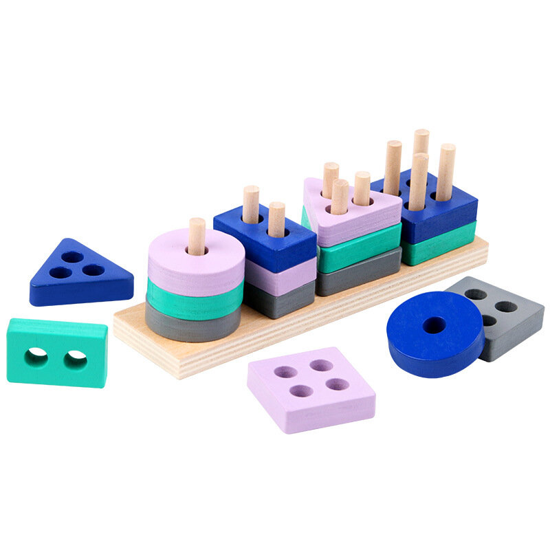 Mini juguete Montessori de bloques de construcción de madera, juguetes educativos, rompecabezas de combinación con forma de Color macarrón para niños y niñas