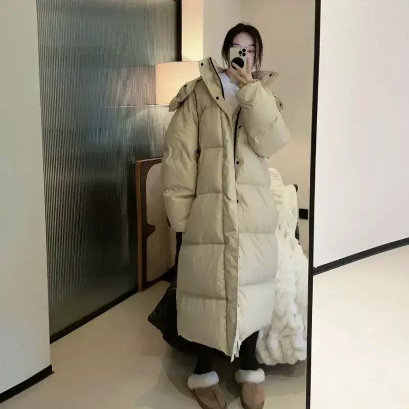 Jaqueta grossa solta para mulheres, sobretudo com capuz, Parkas versão média, outwear quente, moda simples, casaco de inverno feminino, 2024