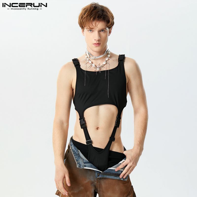 INCERUN 2024, seksowne body w stylu odzież męska Casual kombinezony z klamrą stylowa, cienka, wydrążona odzież domowa bez rękawów S-5XL