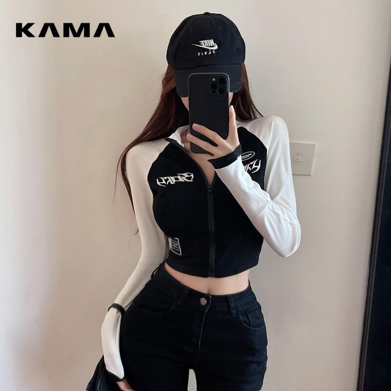 Женская Винтажная Футболка KAMA Y2K, весенний укороченный Топ с длинным рукавом и круглым вырезом, корейская мода, винтажные уличные футболки на молнии