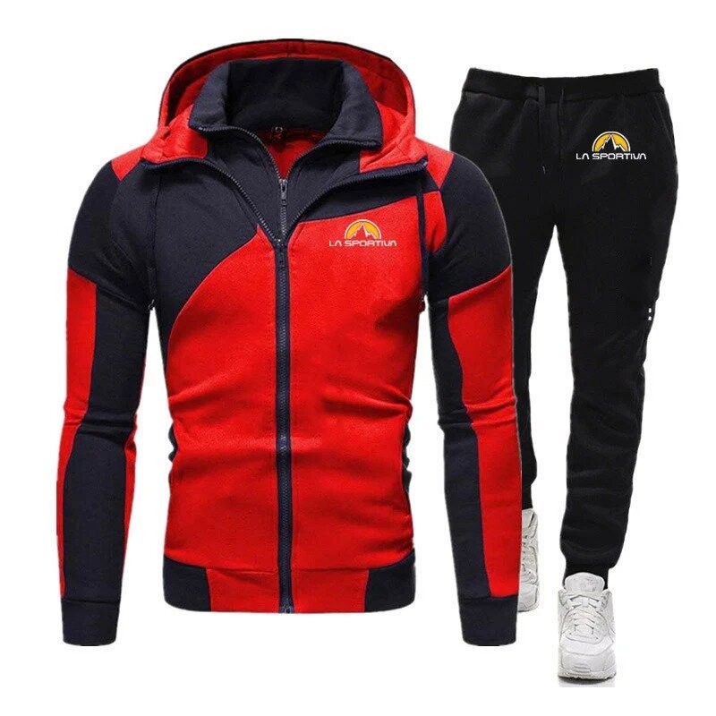 2024 musim semi musim gugur pria Logo La Sportiva cetak sambungan jaket berkerudung kaus ritsleting + warna Solid celana olahraga nyaman Set