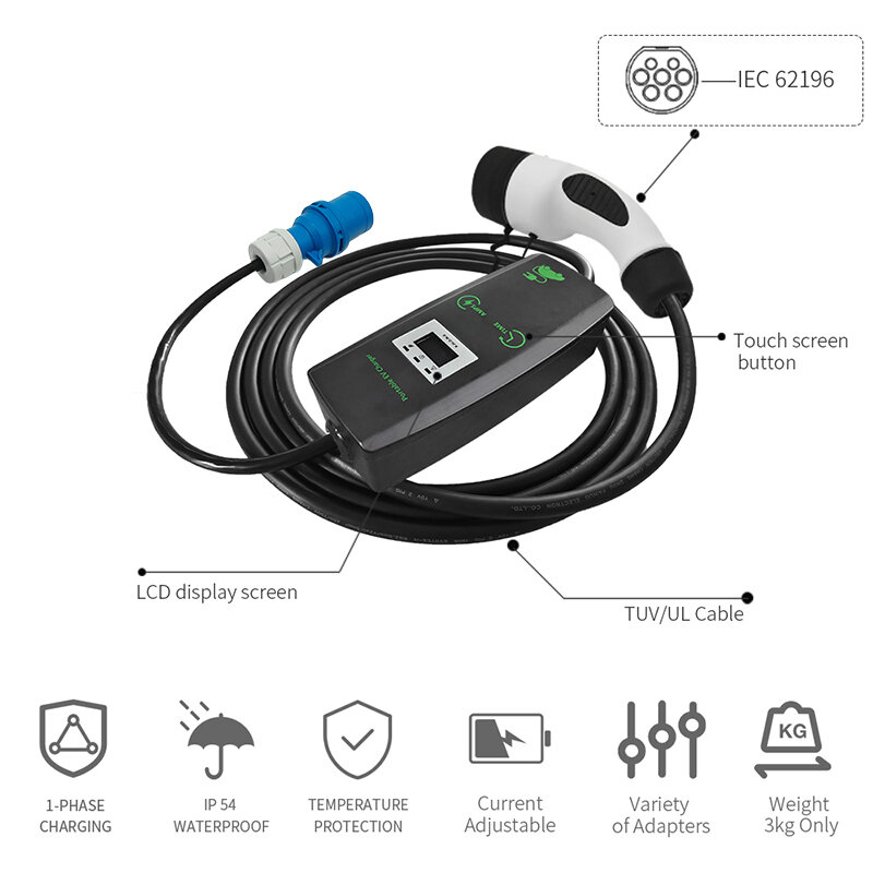 Khons Portable Electric Car Charger 11kw 7kw Charger Type2 Charger Cable 16A 32A EV Charger Three Phase EVSE Charging Box