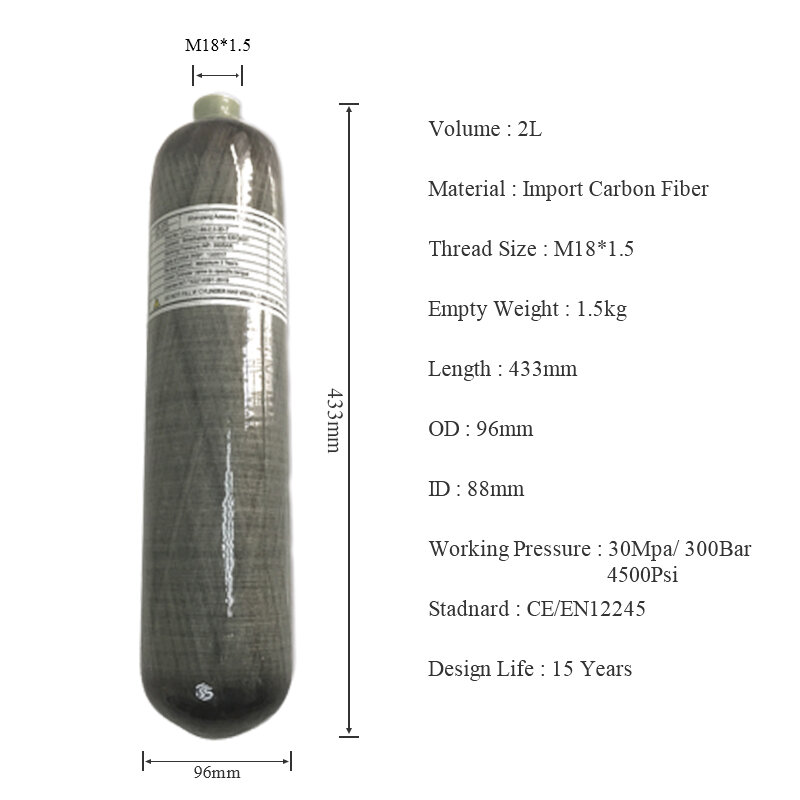Баллон из углеродного волокна Acecare 2L 300Bar, 4500Psi, Воздушный бак высокого давления для подводного плавания, пожарная безопасность