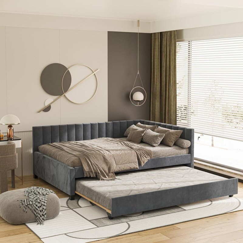 Cama de día tapizada de tamaño completo con Trundle para habitación de invitados, dormitorio, marco de sofá cama de madera maciza con diseño de sofá cama, fácil de poner