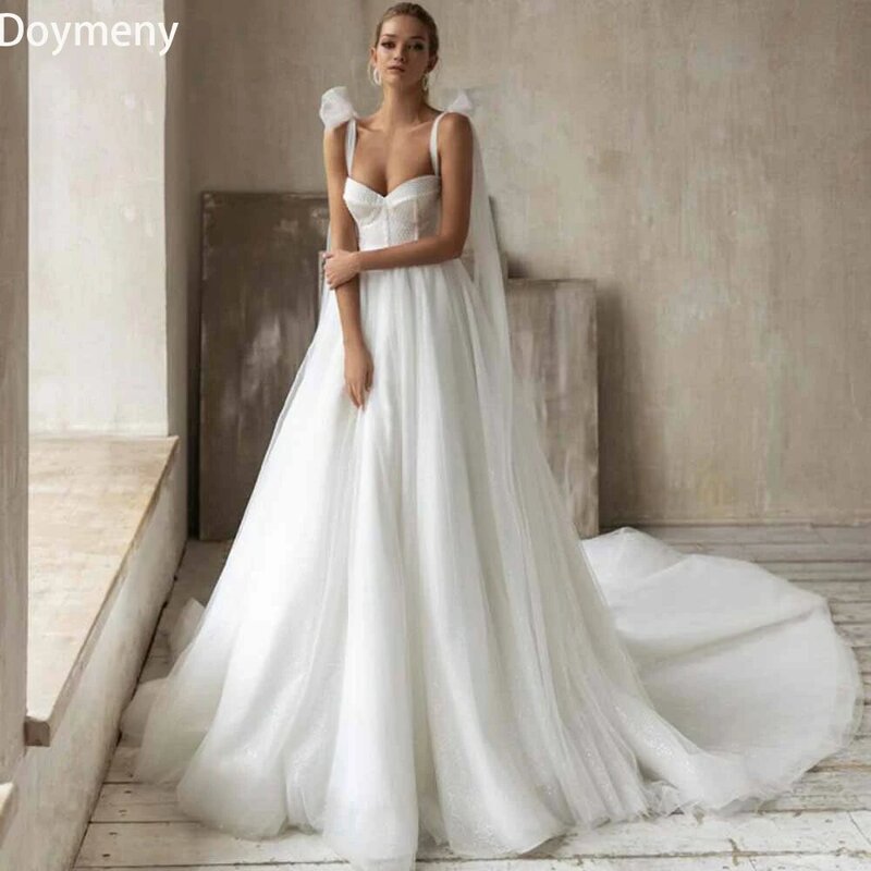 Свадебное платье Doymeny со шлейфом, завязками, бантом и открытой спиной, без рукавов, атласное изысканное роскошное ТРАПЕЦИЕВИДНОЕ платье для невесты