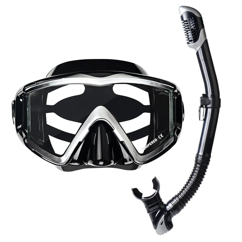 Conjunto de máscara de mergulho Pano para adultos, 3 vidros temperados, Snorkel superior seco, sem máscara de mergulho para mergulho