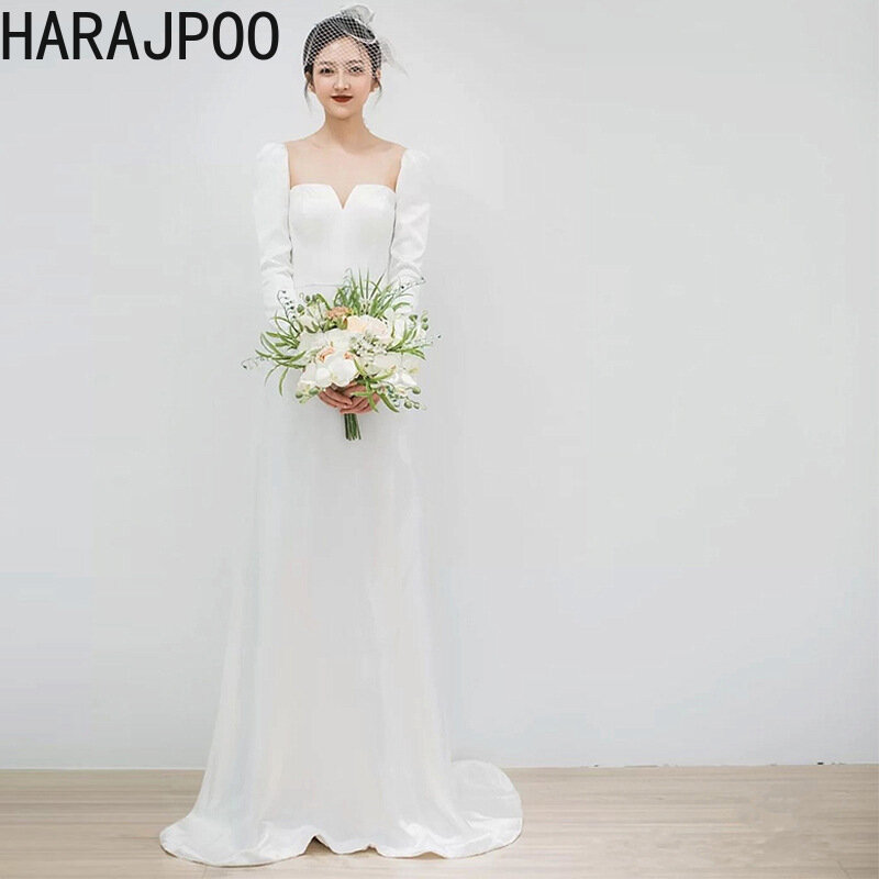 Harajpoo ชุดเดรสแต่งงาน2024ผ้าซาตินแขนยาวเข้ารูปสำหรับเจ้าสาวใส่ออกไปถ่ายรูปแต่งงาน