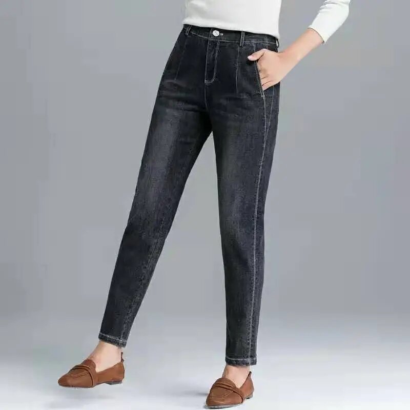 Elastische Harlan Jeans Met Hoge Taille 2024 Lente/Zomer Losse Casual Vintage Denim Broek Negen Punt Lange Broek Dames