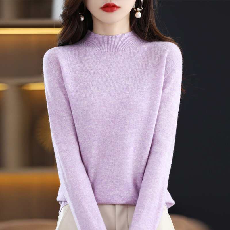 100% Pure Wool Sweater Women's Half Turtleneck Pullover Sweater 2022 Autumn Winter New Solid Color Outer Wear All-Match Slim Top