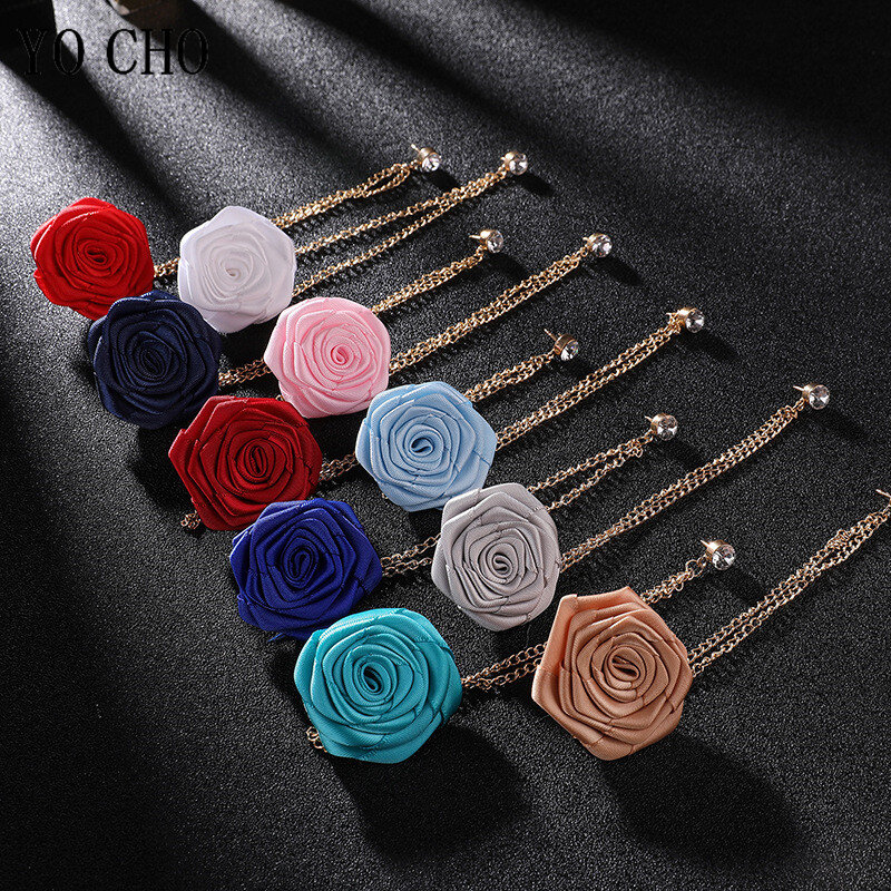 YO CHO Bridegroom Wedding Brooches Cloth Art Hand-Made Rose Flower Brooch Lapel Pin Badge Tassel Chain Men's Suit Accessories