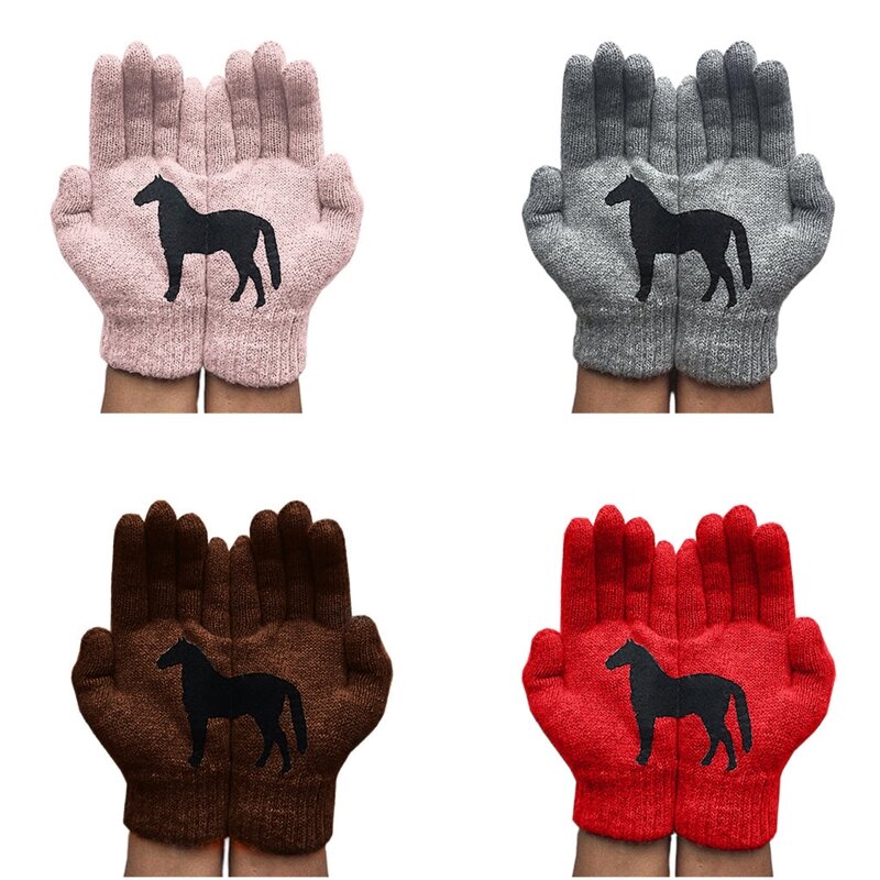 女性の冬の厚くて暖かいニットの完全な手袋面白い黒の馬不規則なパッチワークパーム弾性屋外スキーミトン