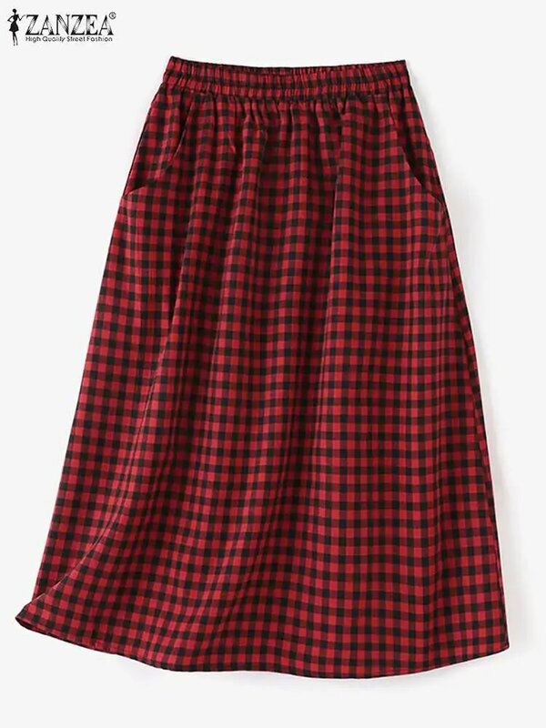 ZANZEA 2024 wakacyjna elastyczna talia Jupes damska spódnice w stylu Swing nadruk w szkocką kratę czeska spódnica koreańska modny, z kieszeniami letnia Faldas