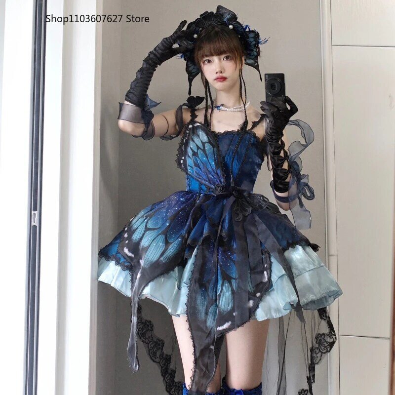 일본 하라주쿠 Y2k 로리타 스타일 원피스 여성 빈티지 고딕 할로윈 코스프레 파티 드레스, 소녀 달콤한 나비 프린트 원피스