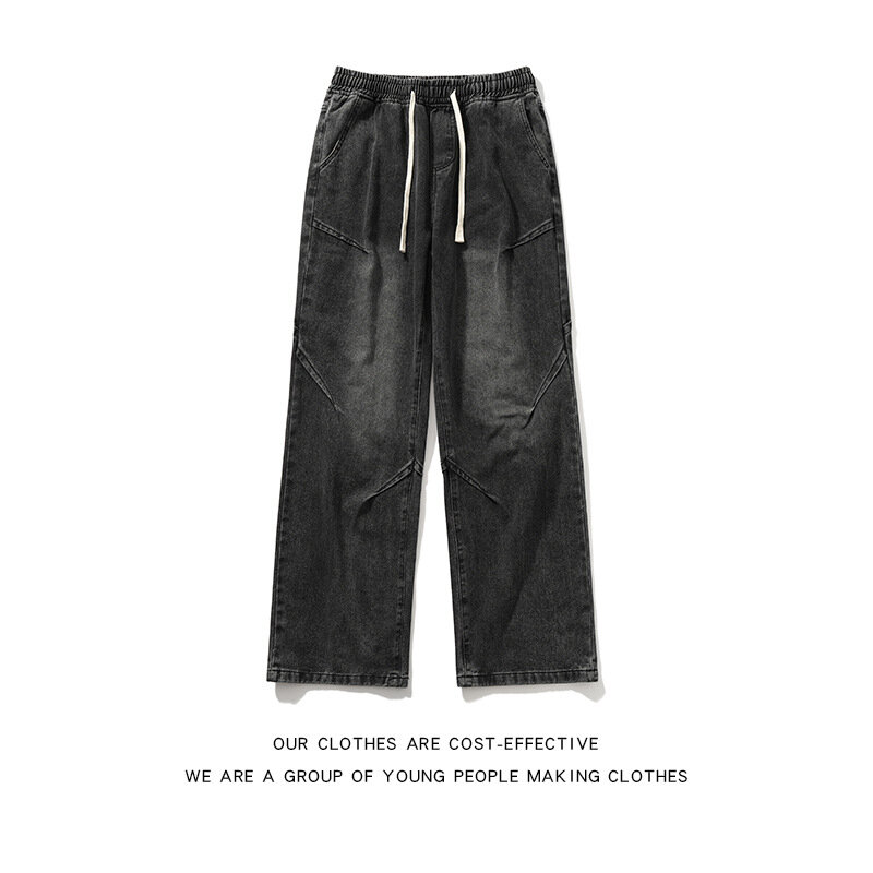 Мужские джинсы с широкими штанинами, черные мешковатые джинсы с эластичным поясом и шнурком, прямые брюки стрейч, весна-лето 2024