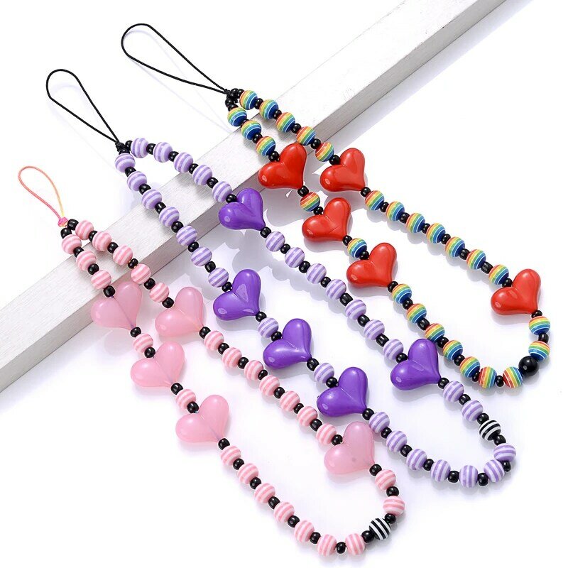 Moda 8 colori acrilico a forma di cuore perline rotonde Anti-perso catene per cellulari acrilico catena per cellulare cordino gioielli da donna