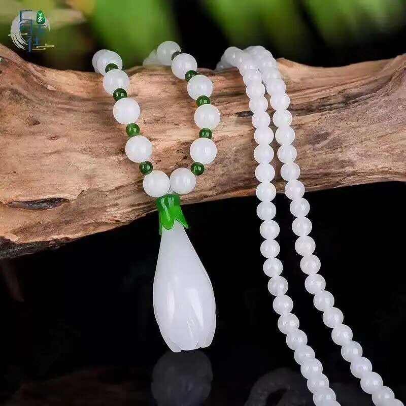 Collar de Orquídea de Jade blanco Natural para mujer, joyería fina, colgante de flor de Orquídea de nefrita hetiana auténtica, collar de cadena de suéter