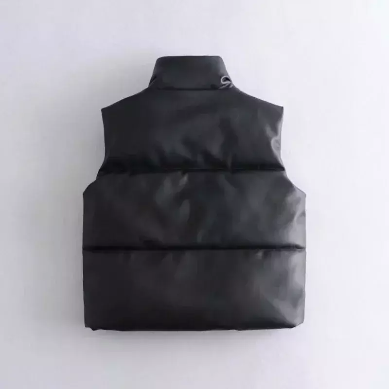 Autumn Winter PU Leather Coat Women Black Stand Collar Vests Women Fashion Zipper Elegant Short Vests Female Ladies