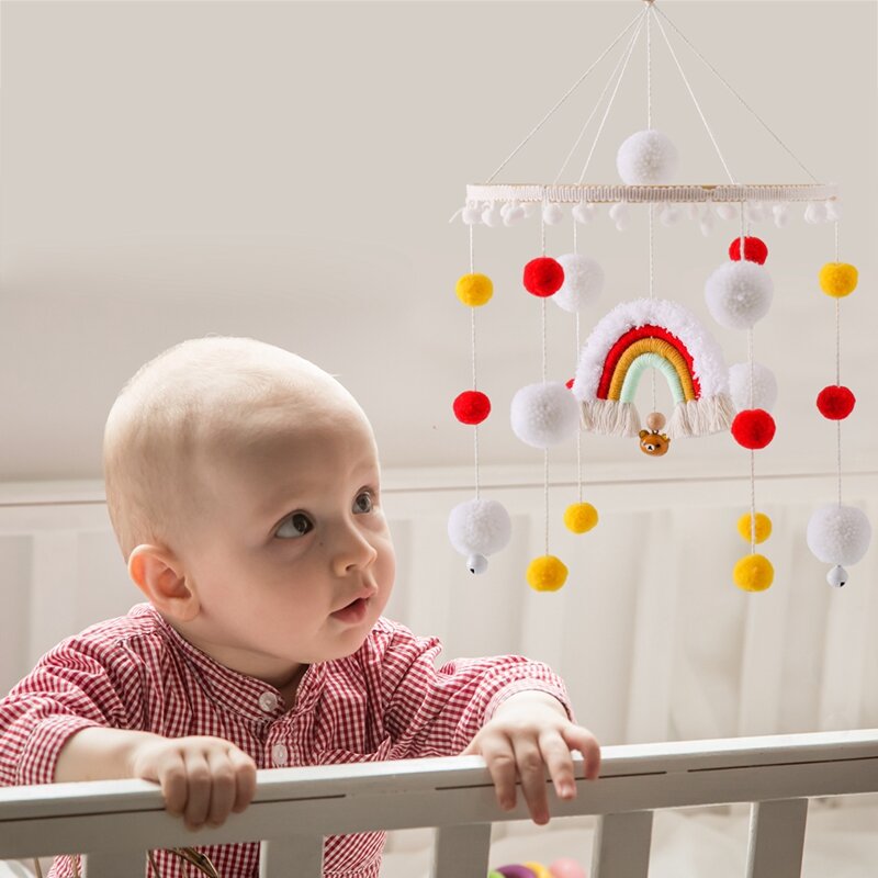 Baby Bed Bell Rainbow Hanging Toy 0-12 Months Newborn Wooden Mobile Music Rattle Toy Crib Holder Bracket Infant Bed Accessories