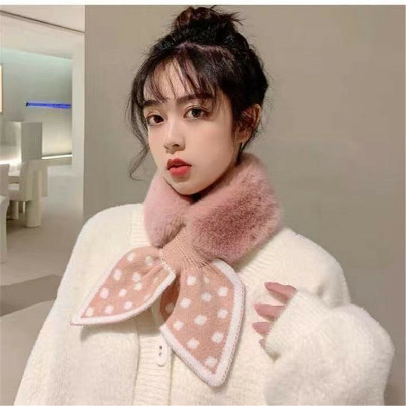 Winter Faux Fur Scarf For Women Plush Warm Neck Collar Scarves Cross Polka Dot Scarf Cute Knitted Scarfs For Ladies Keep Warm