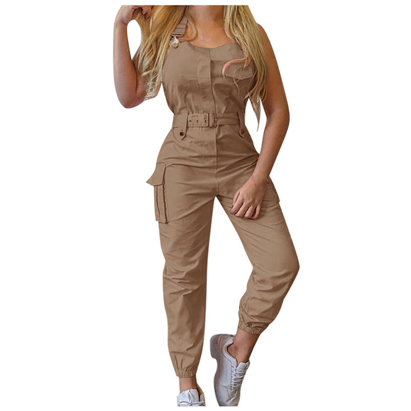 2024 New Style Women Solid Cargo Jumpsuit with Waistband Square Collar Sleeveless Overalls Plus Size One Piece Sports Clothes