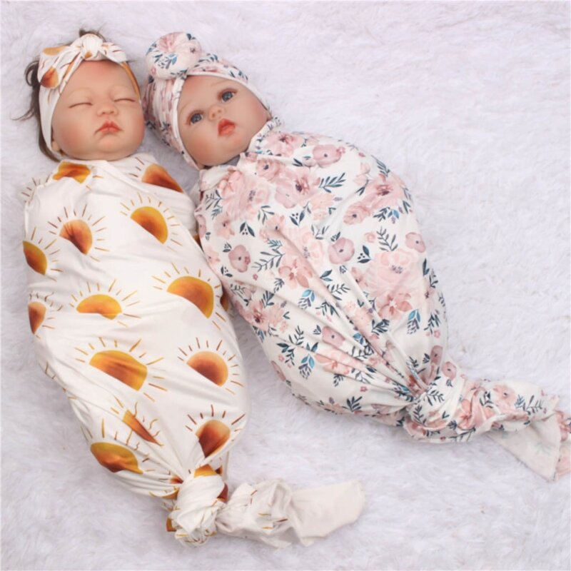 3 pçs bebê recém-nascido floral impressão atada beanie chapéu bowknot bandana conjunto infantil recebendo cobertor presentes