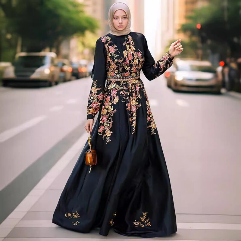 ชุดเดรสยาวสีดำของผู้หญิงแฟชั่นหรูหรามุสลิมเดรสแม็กซี่ลายดอกไม้ชุดเดรสยาวอาหรับอิสลามตะวันออกกลาง