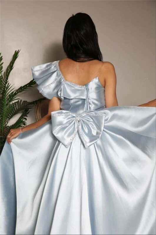 Elegante vestido de noche Formal azul para mujer, traje de noche francés con manga de un hombro, hasta la pantorrilla, personalizado, 2024