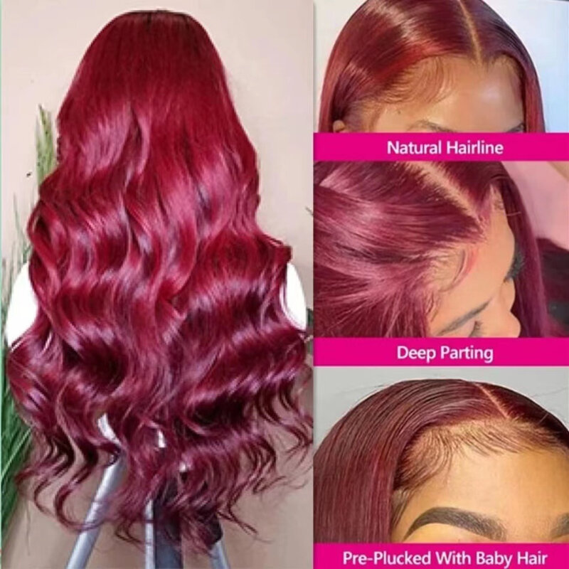 Peruca frontal longa de renda vermelha vinho encaracolado para mulheres, cabelo humano de onda macia, perucas sintéticas de renda, cosplay