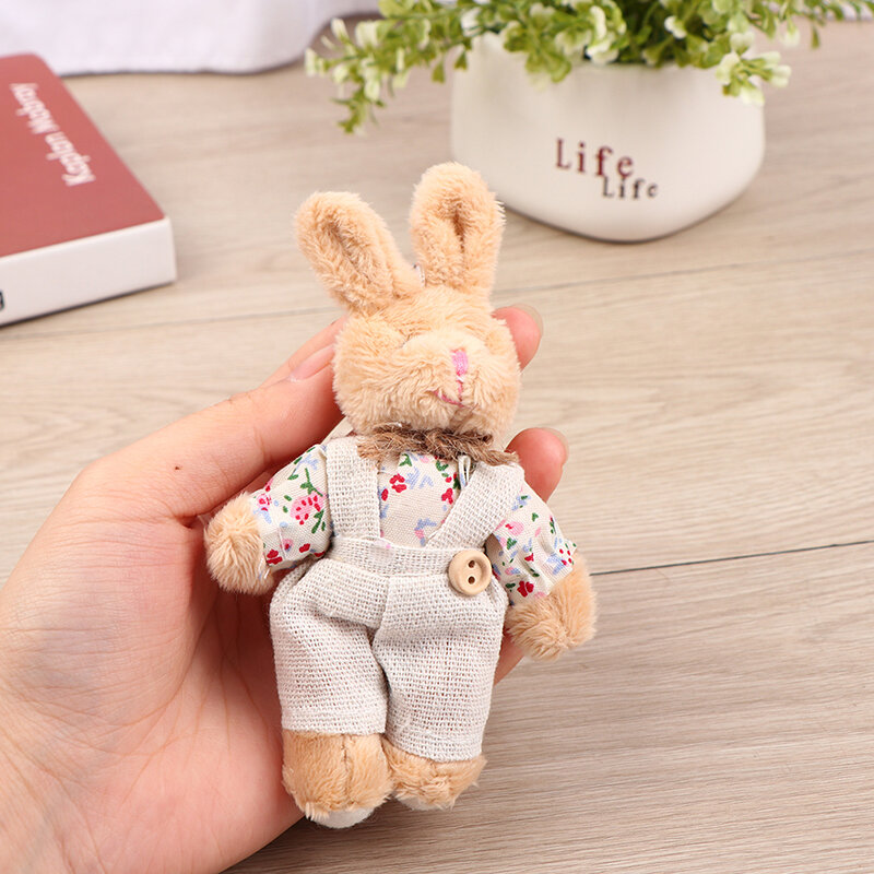 Cute Girls Country Style Linen Bear Keychain Women Couple Rabbit Keying Bag Car Trinket Plush Toy Pendant Toys Gift