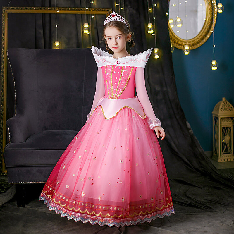 Sleeping Beauty Dress Girl Aurora Princess abbigliamento maniche lunghe abito in pizzo con spalle scoperte bambini splendido regalo di natale Fancy Dress