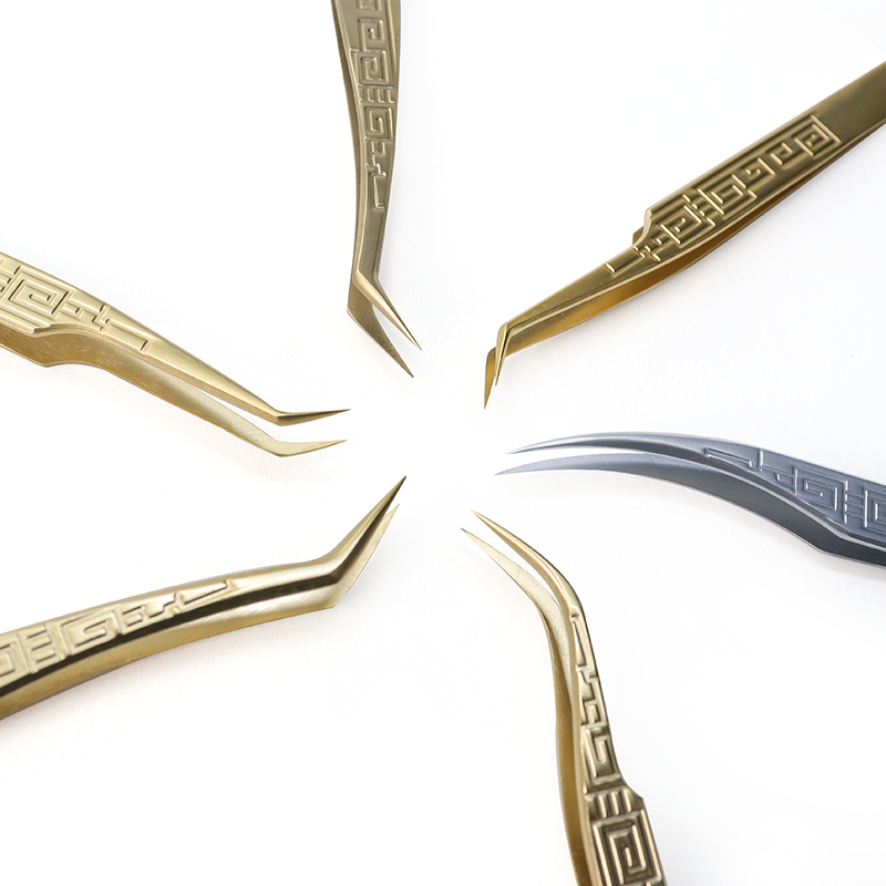Pinzas de extensión de pestañas de punta redondeada de estilo único, hechas de acero inoxidable dorado y plateado, nombre de marca personalizado para belleza