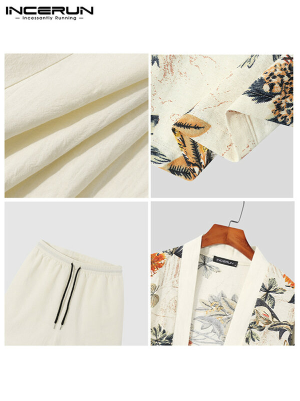 INCERUN-Conjunto de ropa de calle de algodón para hombre, conjunto Retro de media manga, camisa de punto abierto, Kimono y pantalones cortos, informal, dos piezas