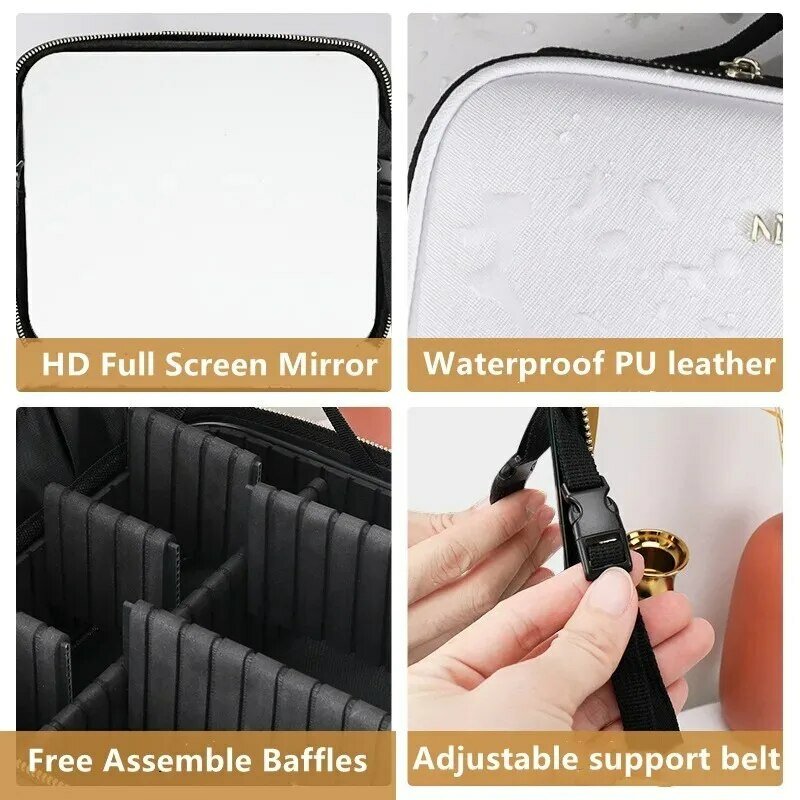 New LED Lighted PU Leather Cosmetic Case with Mirror Waterproof Portable Travel Makeup Storage Bag