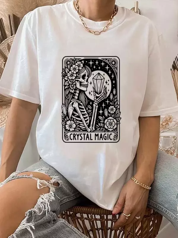 Crystal Magic Printed Trendy Retro Women's Fashion Printed Short Sleeve Style O-Neck Tarot Street Style Summer New T-Shirt.