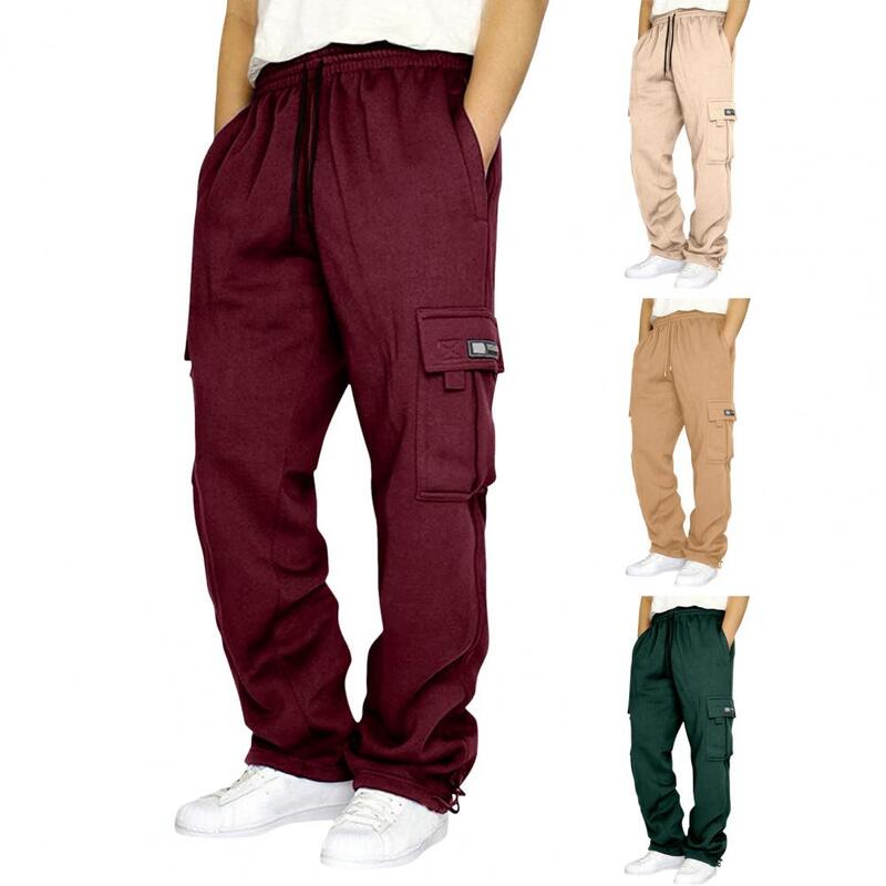 Men Solid Color Casual Trousers Secure Pocket Casual Pants Men's Loose Fit Drawstring Sport Pants for Gym Training Jogging Soft