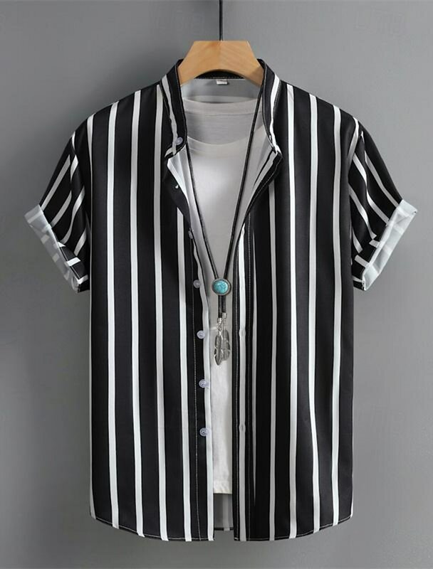 Camisa con botones para hombre, camisa informal de verano, camisa de manga corta de playa, cuello de banda a rayas, ropa Hawaiana de moda