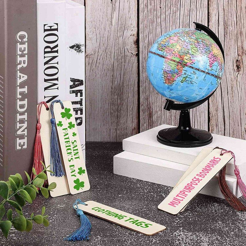 Madeira em branco Bookmarks e borlas, Retângulo Book Mark para Crianças, Pintura Produção, Home DIY Craft, Decore, 36 Pcs