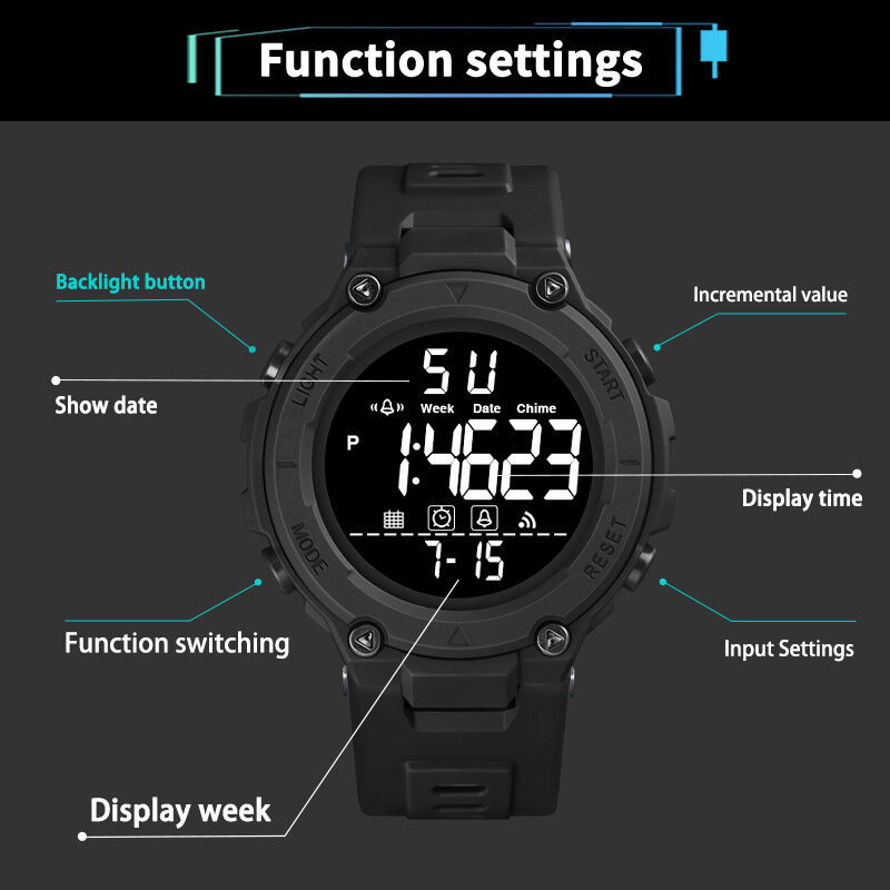 Męski wielofunkcyjny zegarek sportowy zegarek czasowy cyfrowy prezent dla studentów budzik zegarek LED cyfrowa tarcza świecący zegarek elektroniczny