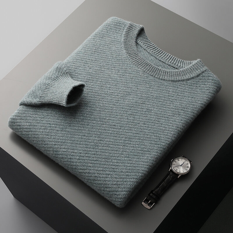 Nowy 100% merino kaszmirowy sweter jesienno-zimowy męski sweter z okrągłym dekoltem, dwuwarstwowy, grube przeszycie sweter z siedmioma ściekami