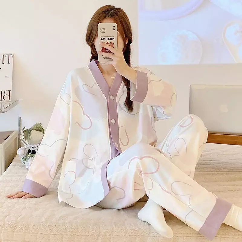 2023 neue reine Baumwolle Pyjama Frauen Frühling Herbst süße Lounge wear süße Strickjacke Mädchen Homewear koreanische lässige V-Ausschnitt Nachtwäsche-Set