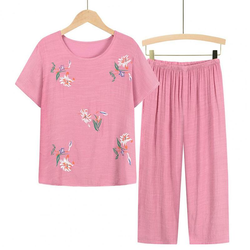 Middle-aged Women Pajamas Set O Neck Short Sleeve Floral Print T-shirt Pants Two Pieces Summer Loose Lounge Wear Suit Home Wear